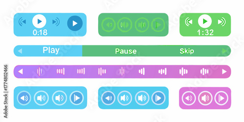Collection of modern flat design audio player controls and icons with play pause and volume buttons