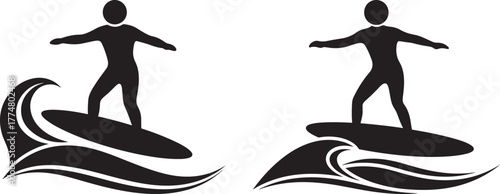 Two surfers riding waves in a distinctive black silhouette style