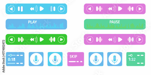Collection of colorful audio player controls and icons including play pause skip and microphone symbols