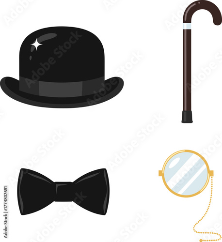 A set of icons representing classic gentleman's accessories: bowler hat, cane, bow tie, and monocle.