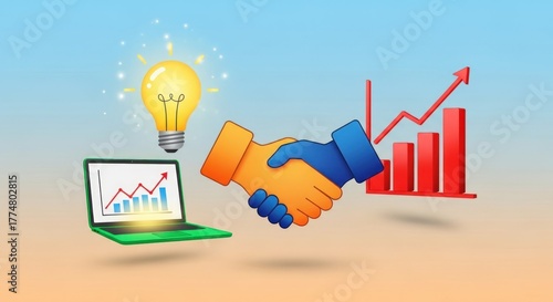 Creative business concept with handshake, light bulb, laptop and graph business deal, partnership, innovation, technology, success, and growth illustration