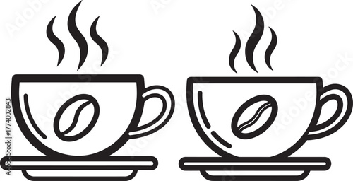 Two steaming coffee cups with coffee beans silhouette