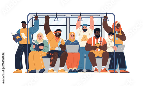 Commuters standing and sitting inside a crowded subway train, modern flat illustration showing daily urban public transportation life. vector illustration