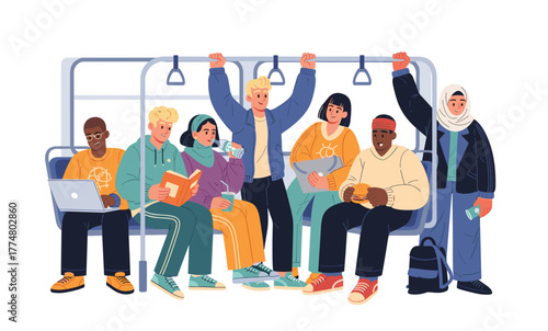 Commuters standing and sitting inside a crowded subway train, modern flat illustration showing daily urban public transportation life. vector illustration