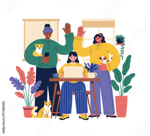 Person working remotely from home with laptop, surrounded by pets and plants, cozy modern flat illustration style.