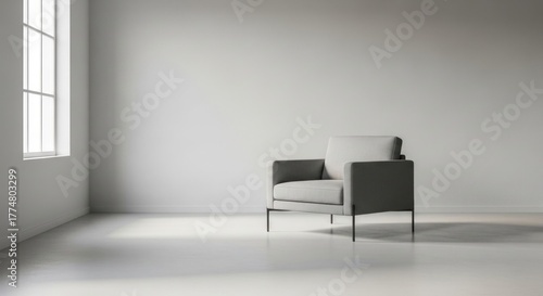 Minimalist interior with an armchair near the window, bathed in soft light, creating a serene and inviting atmosphere, perfect for relaxation and contemplation in a modern space