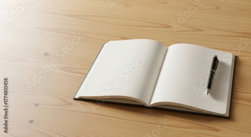 Open notebook with blank pages and a pen on a wooden table, inviting creativity and reflection, perfect for journaling, sketching, or capturing ideas in a natural setting