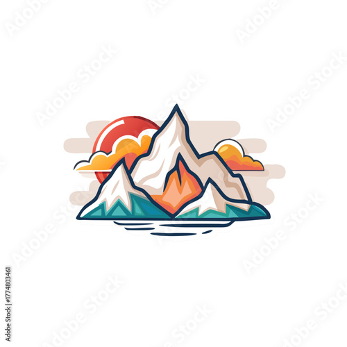 Mountain range with snowcapped peaks and a sunset