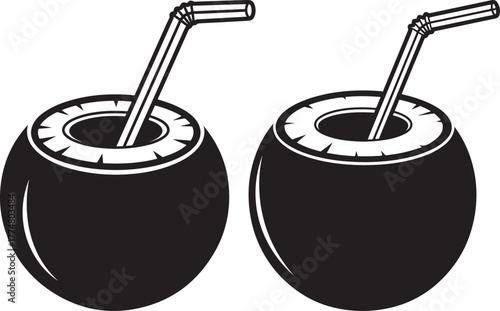 Two tropical coconut drinks with straws silhouette