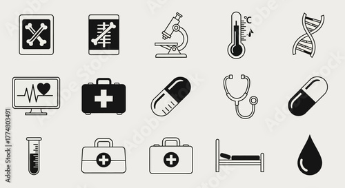 Collection of medical icons representing healthcare, diagnostics, and treatment, suitable for various medical applications.