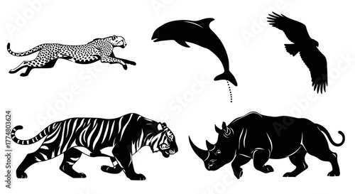 Silhouetted animals including a cheetah, dolphin, eagle, tiger, and rhinoceros on a white background.
