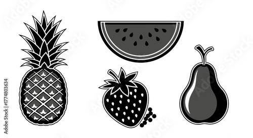 A set of four black and white fruit icons including a pineapple, watermelon slice, strawberry, and pear.