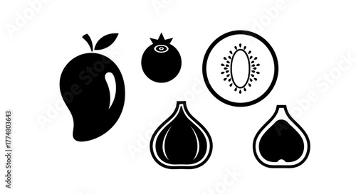 Black and white illustration of mango, blueberry, kiwi, and fig fruits, showing their shapes.