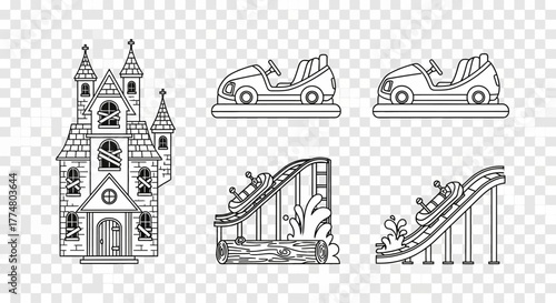 Amusement park icons: haunted house, bumper cars, roller coasters.