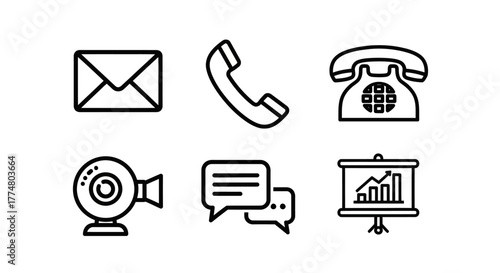 A collection of six communication icons including an envelope, a handset, a rotary phone, a webcam, chat bubbles, and a presentation screen.