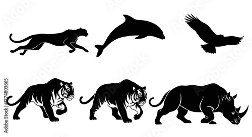 Black silhouettes of various wild animals including a cheetah, dolphin, eagle, tigers, and a rhinoceros.