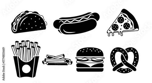 Black and white illustration of various fast food items, including a taco, hot dog, pizza slice, fries, burger, and pretzel.