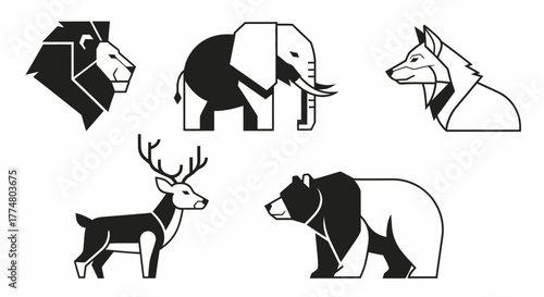 Geometric black and white illustrations of various wild animals including a lion, elephant, fox, deer, and bear.