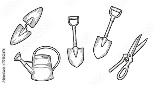 Black and white illustration of gardening tools, including a trowel, shovel, watering can, and shears.