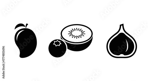Black and white fruit icons: mango, kiwi, blueberry, and fig.