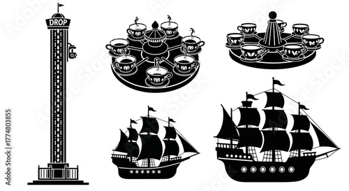 Amusement park rides: drop tower, teacups, pirate ships, black and white.