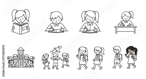 Line art illustration of children in various school activities.