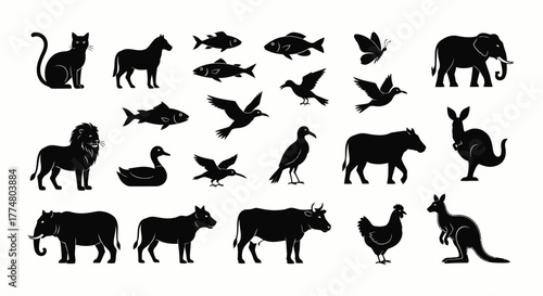Silhouette collection of various animals, including mammals, birds, fish, and insects.