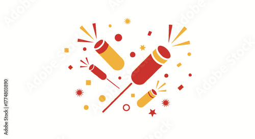 Festive Celebration Design Featuring Red and Yellow Confetti Poppers for Holiday Greetings and Party Invitations, perfect for celebratory events and graphic designs