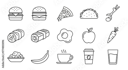 Line art illustration of various food and drink items, including burgers, pizza, and fruit.