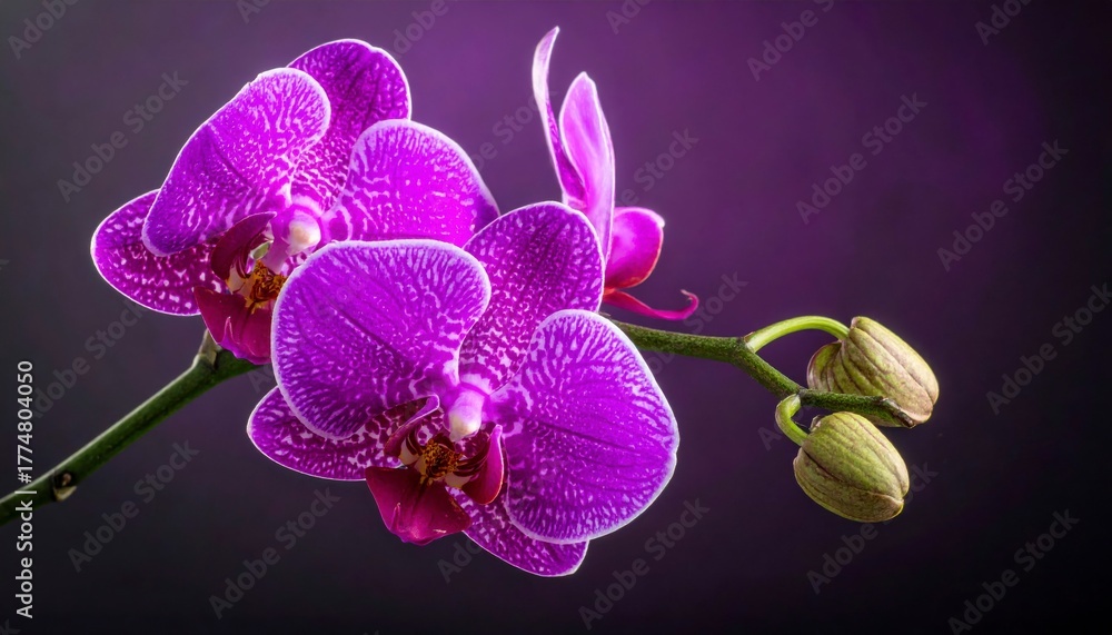 Obraz premium Beautiful Purple Orchid Flower with Buds on Dark Background