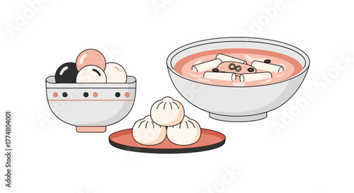 Delicious Chinese Cuisine Illustration Featuring Dumplings, Soup, and Tangyuan. Perfect for menus, food blogs, and cultural celebrations.