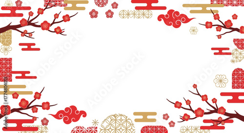 Elegant Chinese New Year Background Featuring Plum Blossoms, Clouds, and Traditional Patterns for Festive Greetings and Cultural Celebrations