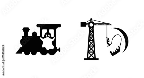 Black and white icons of a train and a construction crane.