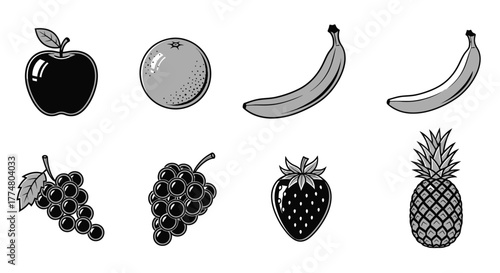 A variety of fruits, including apples, oranges, bananas, grapes, strawberries, and pineapples, in black and white.