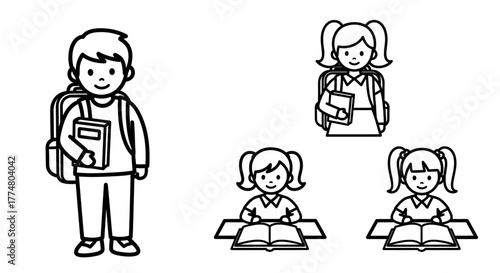 Illustration of students with backpacks and books, two girls sitting at desks.