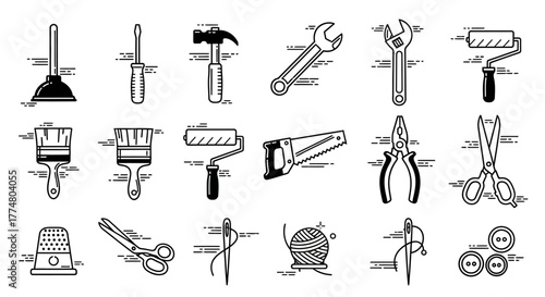 Illustration of various tools, including a hammer, wrench, and paint roller.