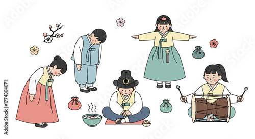 Charming Korean New Year Illustration featuring Children in Traditional Hanbok, perfect for cultural events, educational resources, and festive seasonal designs