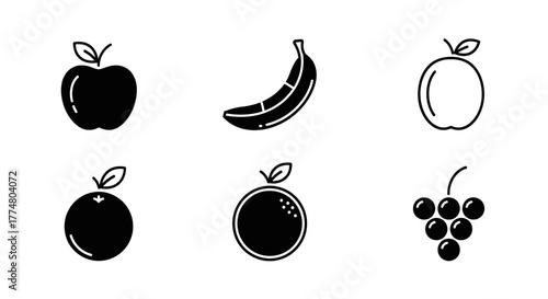 A collection of fruit icons, including apples, bananas, oranges, and grapes, in a simple black and white design.