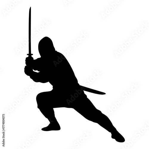 Silhouette ninja hoding sword. Vector image