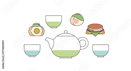 Minimalist illustration of a traditional Japanese tea ceremony setup with teapot, cups, and sweets, perfect for illustrating culture or beverage services.