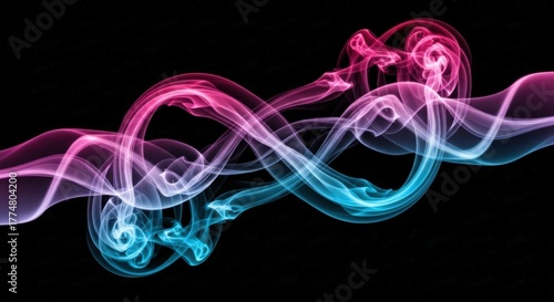 Abstract smoke art with vibrant pink and blue hues swirling against a dark backdrop, creating a mesmerizing and ethereal visual experience