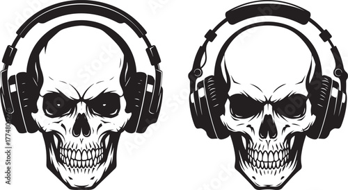 Two detailed skull silhouettes wearing large over ear headphones