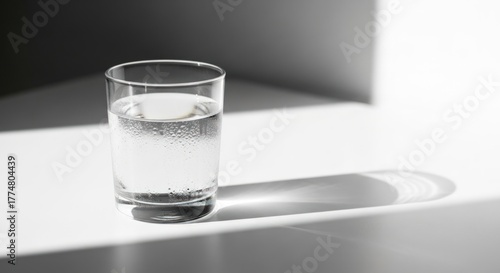A glass of fresh water stands on a white table, casting a long shadow, capturing the essence of purity and simplicity in a minimalist composition isolated on white background