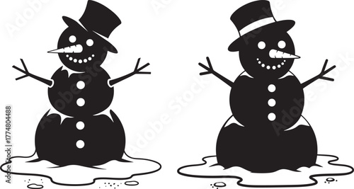 Two melting snowmen wearing top hats silhouette