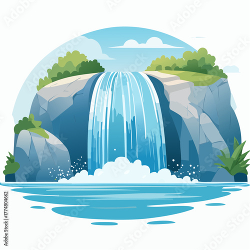 Stylized illustration of a cascading waterfall flowing into a serene pool