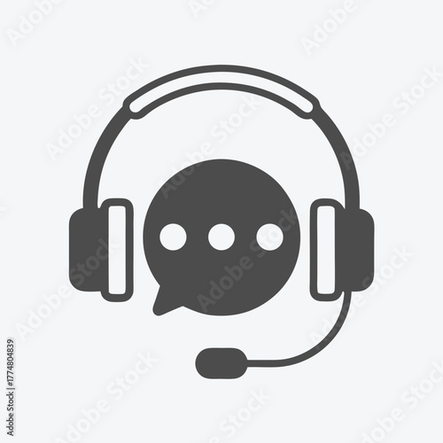 Gray scale support headset with boom microphone features a speech bubble with dots