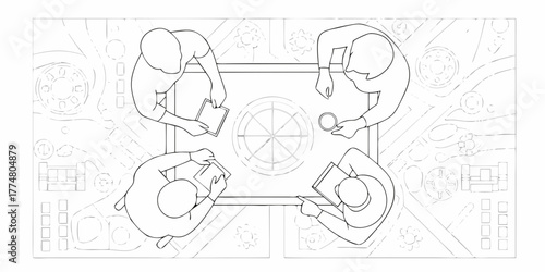 Top view of a diverse team collaborating around a table with blueprints and coffee