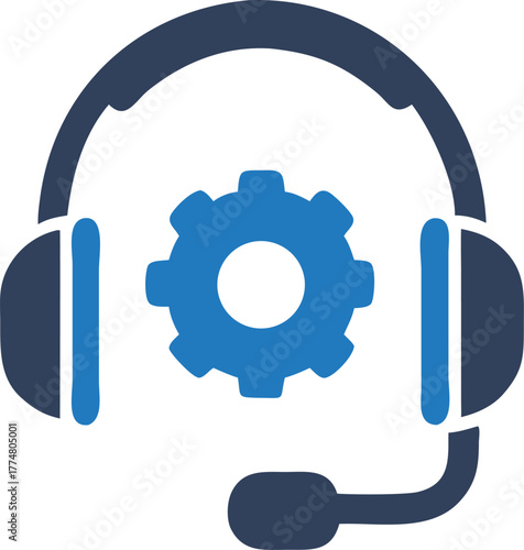 Blue headset with microphone showcases a central blue gear on a white background