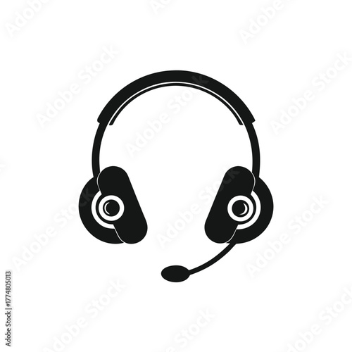 Black headset with microphone for communication and audio, shown in a simple vector