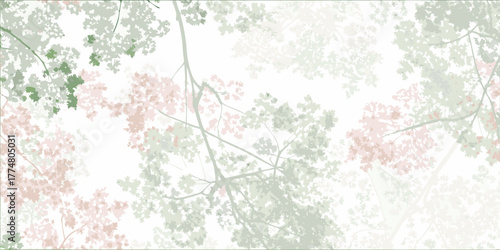 Softly blurring branches and leaves in pastel green and pink hues against a white background